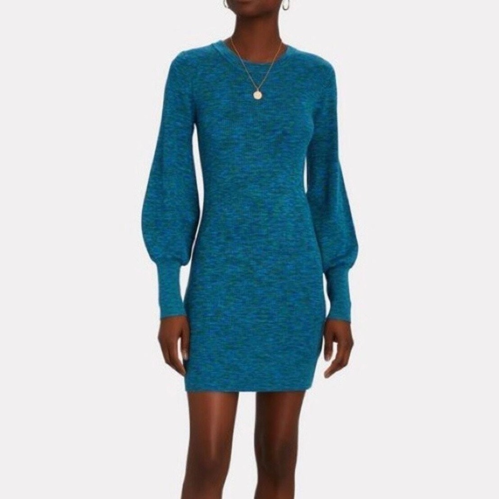 INTERMIX Sweater Dress Women Medium Blue Space Dye Wool Long Puff Sleeve Mini